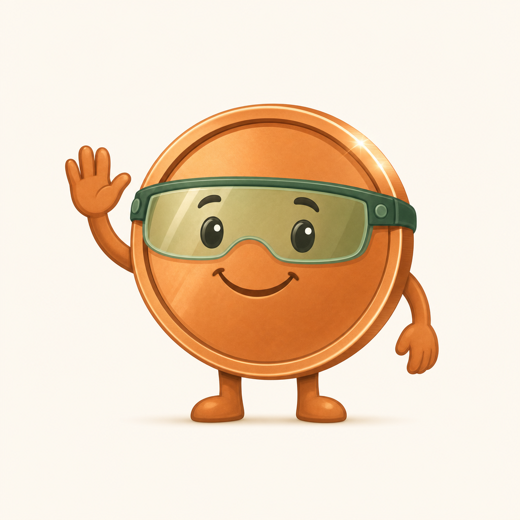 Penny — a friendly copper penny wearing an accountant's green visor, waving